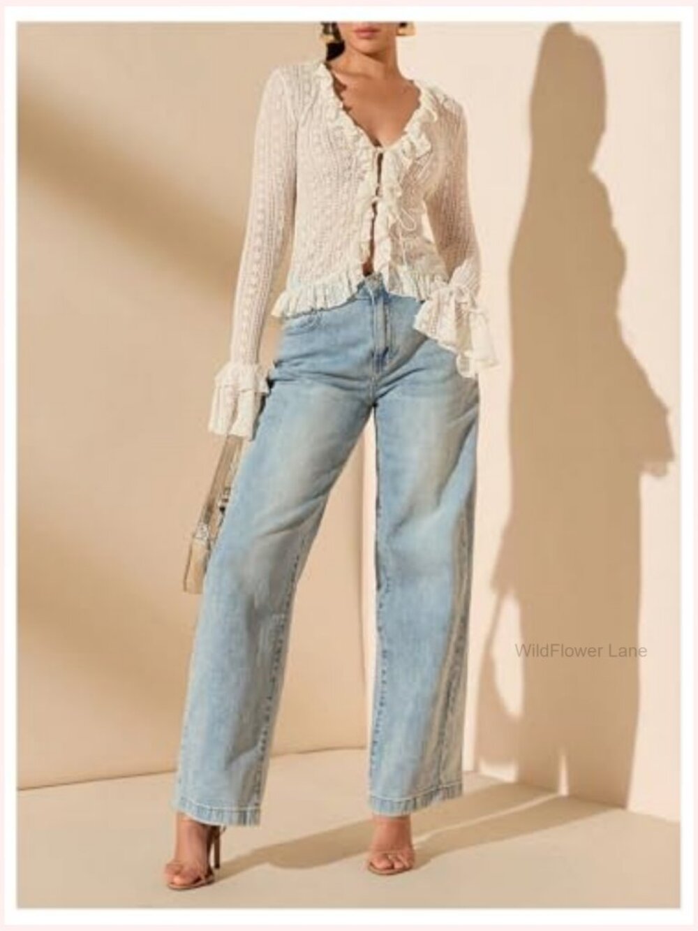 Lace Tie Front Ruffle Top Deep V Neck Sheer Bell Sleeve Going Out T-Shirt - Picture 5 of 5